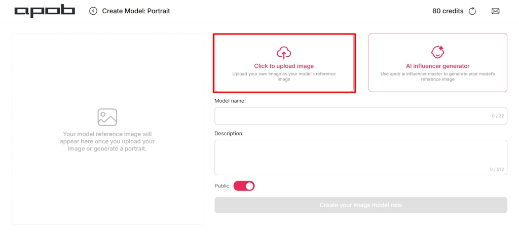 Upload reference image To Create AI Influencer in APOB AI